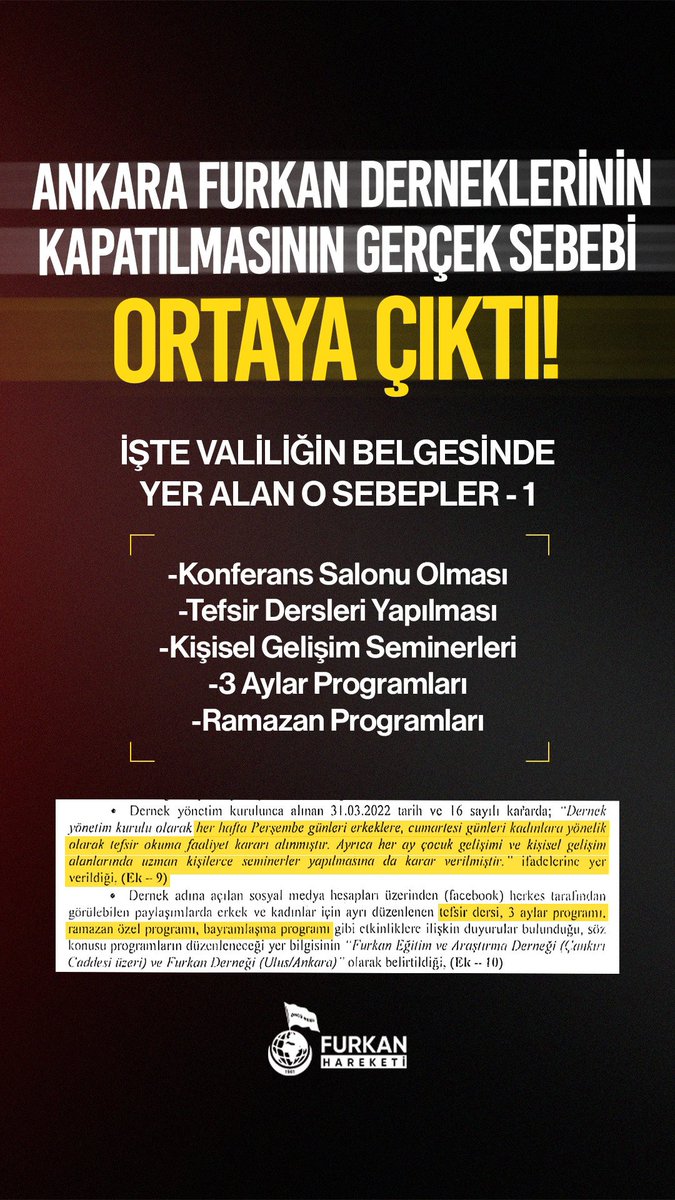 Valiliğin belgesinde yer alan sebepler! 

- Konferans salonu olması 
- Tefsir dersleri yapılması 
- Kişisel gelişim seminerleri 
- 3 aylar programları 
- Ramazan programları 

#DiniSohbetSuçDeğildir
Derneklerimizi Açın