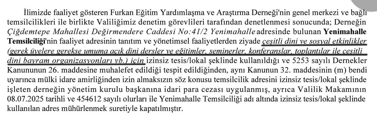 Dini programlar yapıldığı için derneklerimizi mühürlediğinizi kendiniz de mahkemeye verdiğiniz savunmada yazdınız <a href="/AnkaraValiligi/">T.C. Ankara Valiliği</a>!

Yazıklar olsun size,şunu yazarken hiç mi oturup düşünmediniz?!

Yaptığınızla vebalinizi artırıyorsunuz!

Derneklerimizi Açın
#DiniSohbetSuçDeğildir