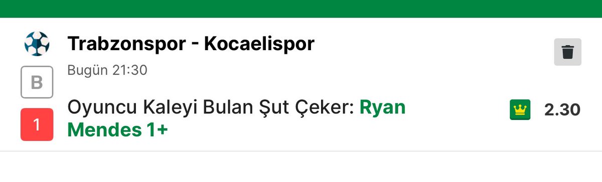 Trabzon-Kocaeli maçı öne çıkan tahminim sizlerle;

Resmi Sportoto Bayii

Hayend Şans Oyunları Üyelik linki ;

iddaa.com/uye-ol/304201