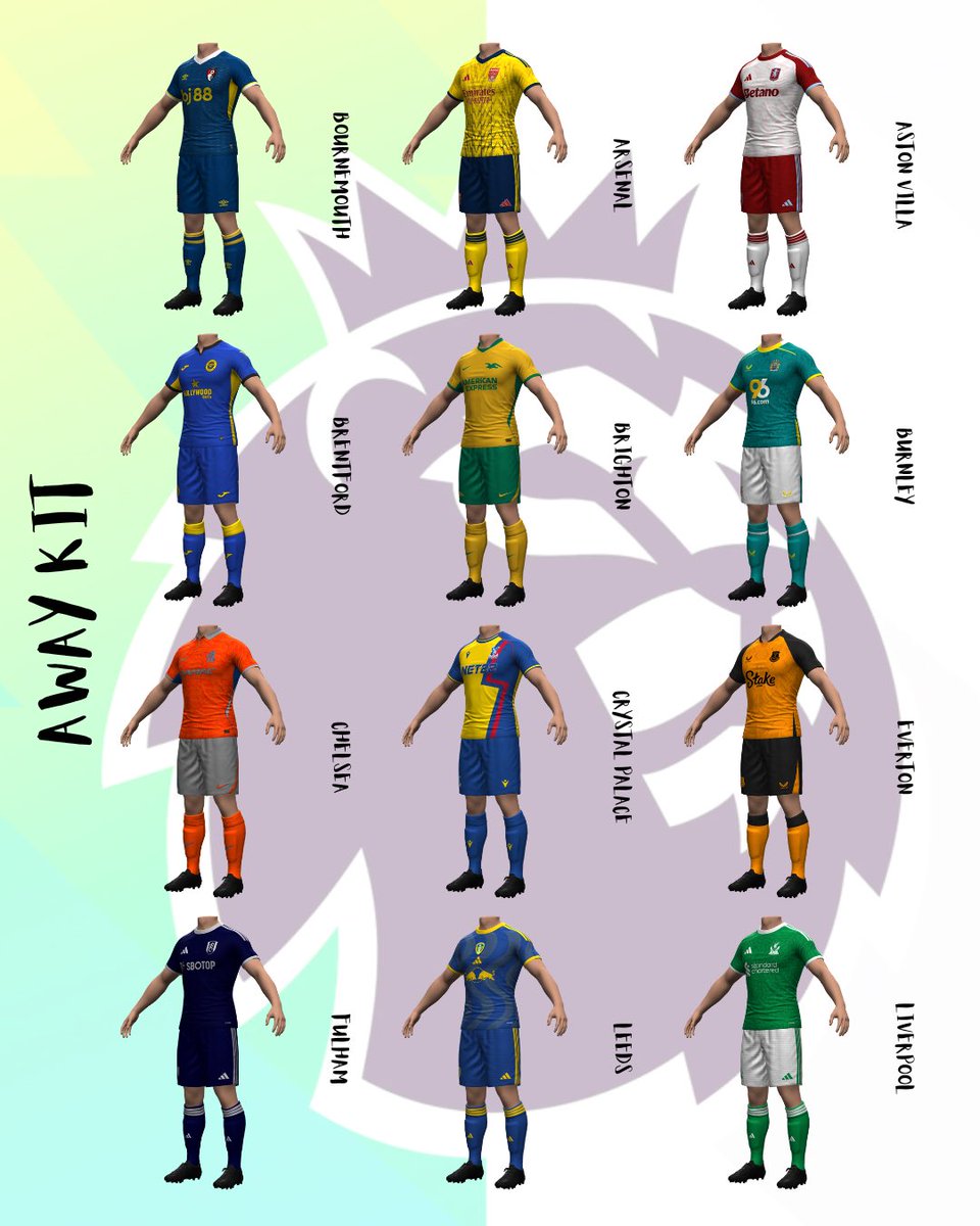 ErniKits's tweet photo. Premier League 25/26 Away Concept Kits (Part Two) 

#kitmaker #PremierLeague #FC26 #concept #conceptart #kitconcept https://t.co/iN9kEM390K