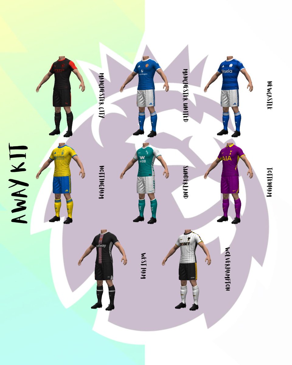 ErniKits's tweet photo. Premier League 25/26 Away Concept Kits (Part Two) 

#kitmaker #PremierLeague #FC26 #concept #conceptart #kitconcept https://t.co/iN9kEM390K