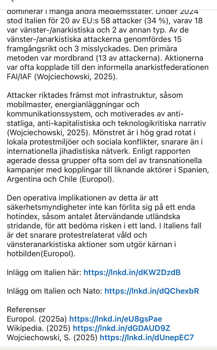 Om ni inte följer svensk osint på linkedin tycker jag ni skall göra det. Initierat och alltid med tydliga referenser. Här en sammanfattning från Europol som visar att under 2024 var huvuddelen av terroristiska incidenter antingen jihadistiska eller vänsteranarkistiska
