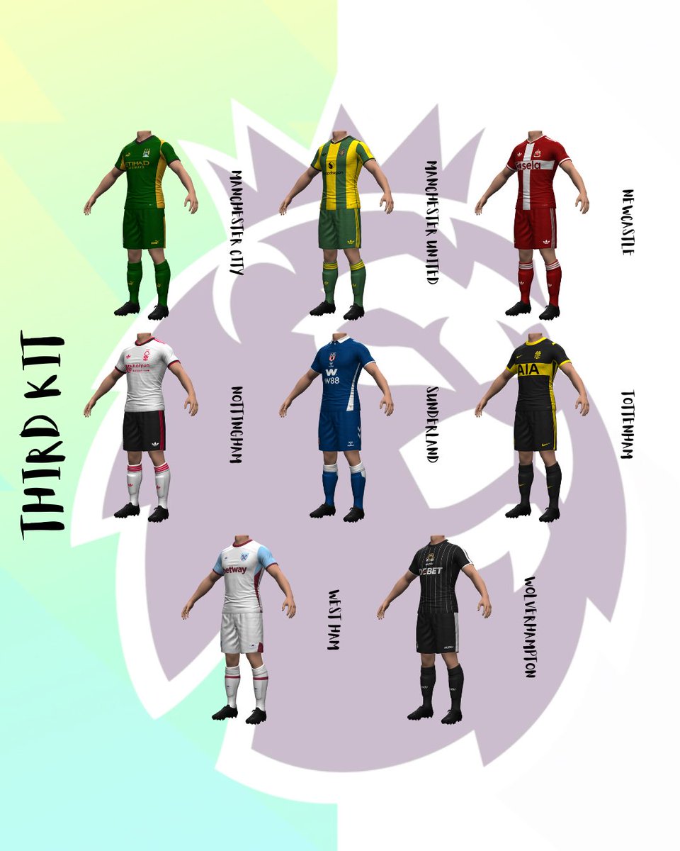 ErniKits's tweet photo. Premier League 25/26 Third Concept Kits (Part Three) 

#kitmaker #PremierLeague #FC26 #concept #conceptart #kitconcept https://t.co/QKwcSTONrz