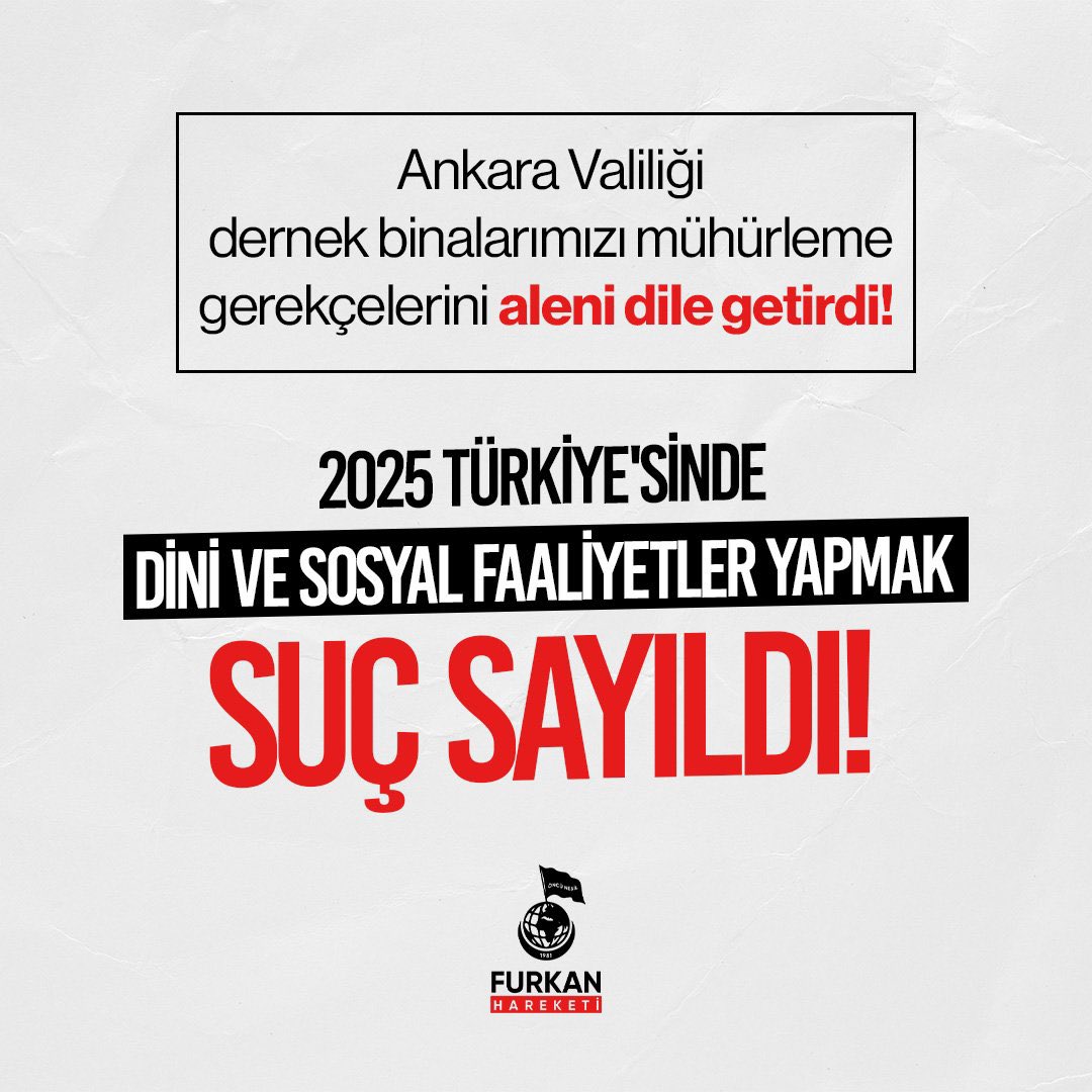 Ankara Valiliği dernek binalarımızı mühürleme gerekçelerini aleni dile getirdi!

2025 Türkiye'sinde dini ve sosyal faaliyetler yapmak SUÇ SAYILDI!

#DiniSohbetSuçDeğildir
Derneklerimizi Açın