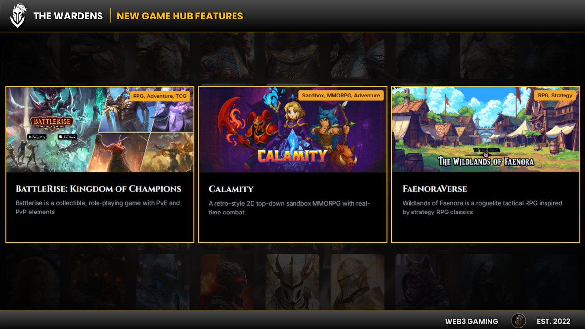 TheWardensGC's tweet photo. New Game Hub Features Have Arrived ���

Introducing 3 newly added profiles for:

- @BattleRiseGame, a collectible RPG game
- @PlayCalamity, 2D top-down sandbox MMORPG
- @FaenoraVerse, roguelite tactical RPG

Explore our site & tag the game we should add next