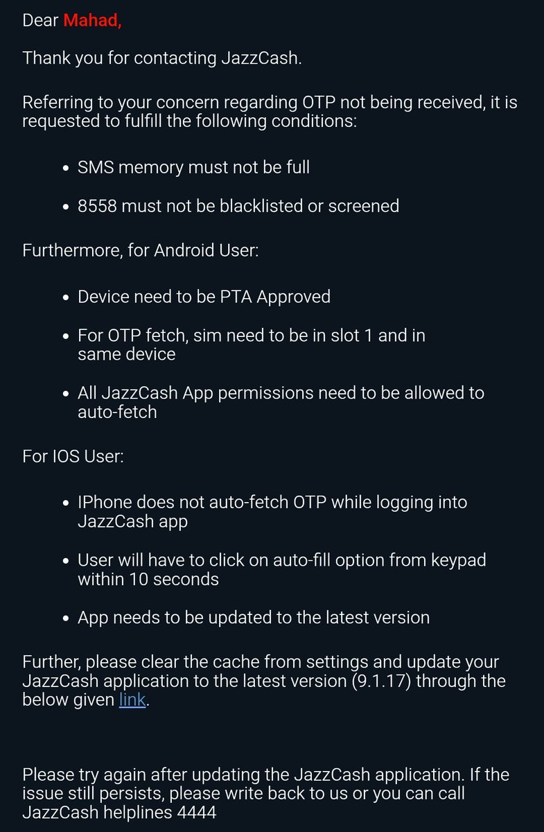 Mahad_Ehsan's tweet photo. @JazzCash I reported via email that I can receive OTP but can’t input it because the app’s keyboard won’t open.
Support asked for my device info, I provided it — but their reply completely ignored my actual issue.
This is basic app functionality. Please fix it urgently. https://t.co/2osO9Qv1m0