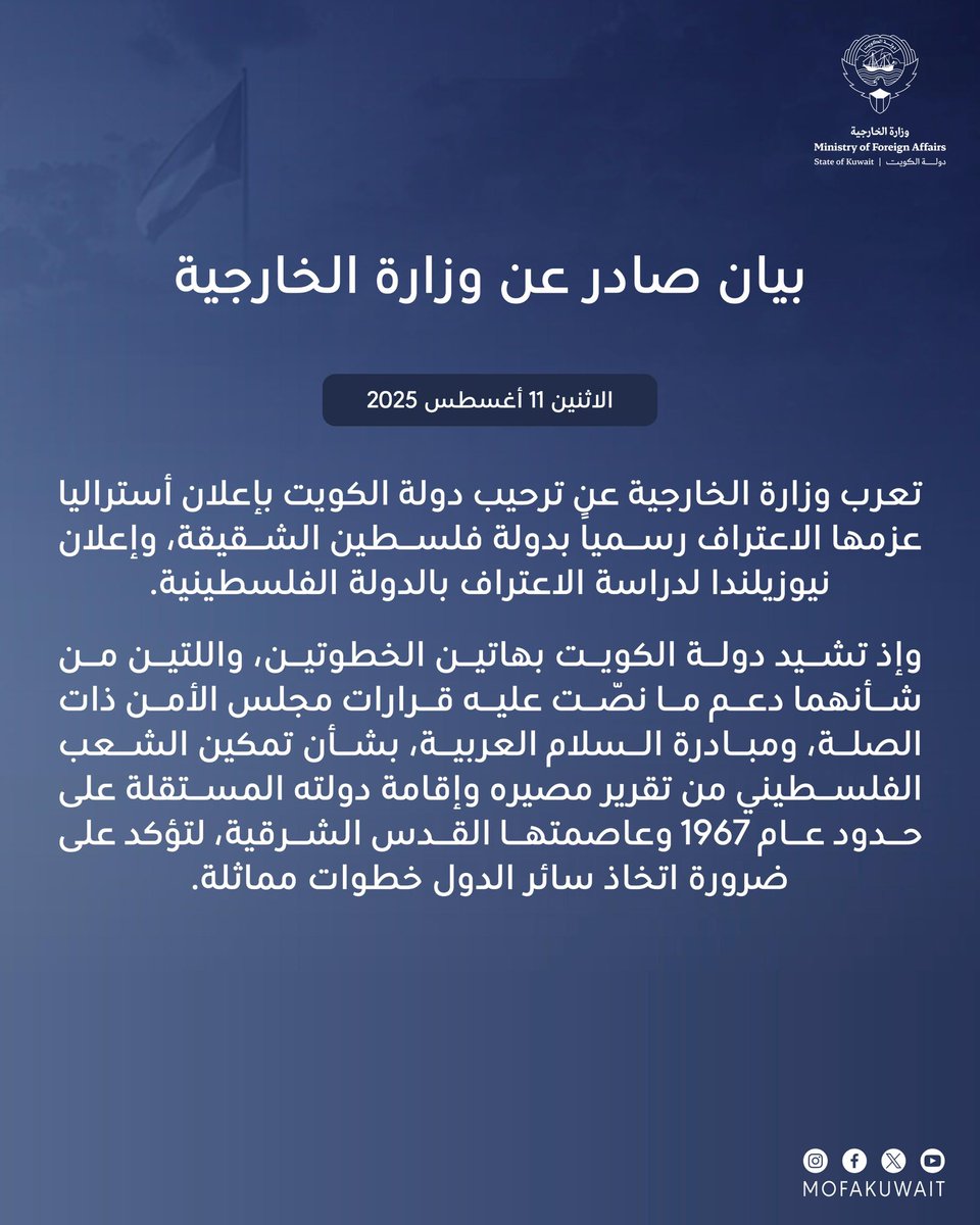 بيان صادر عن وزارة الخارجية
الاثنين 11 أغسطس 2025

تعرب وزارة الخارجية عن ترحيب دولة الكويت بإعلان أستراليا عزمها الاعتراف رسمياً بدولة فلسطين الشقيقة، وإعلان نيوزيلندا لدراسة الاعتراف بالدولة الفلسطينية .

وإذ تشيد دولة الكويت بهاتين الخطوتين، واللتين من شأنهما دعم ما نصّت عليه