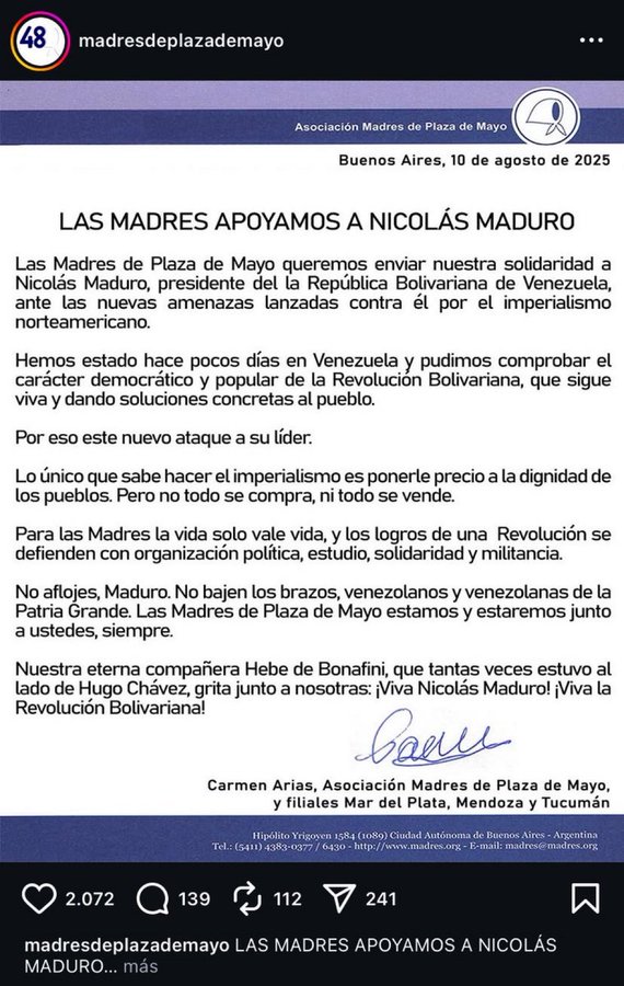 El respeto por los derechos humanos -algo que Maduro viene desconociendo desde hace rato- es un principio universal e irrenunciable.

Esta publicación de Madres es lamentable (Estela de Carlotto e inclusive CFK se han desmarcado del chavismo en el último tiempo).

Para un sector