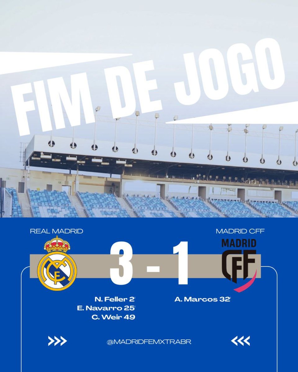 madridfemxtrabr's tweet photo. 🏁Real Madrid 3 - 1 Madrid CFF
⏩Amistoso

⚽️ 2' Feller
⚽️ 25' Navarro
⚽️ 49' Weir
. 
. 
. 

#uwcl #realmadrid #realmadridfemenino #futebolfeminino #womansfootball #athenea #weir #ligaf https://t.co/Zsrt03kgJE