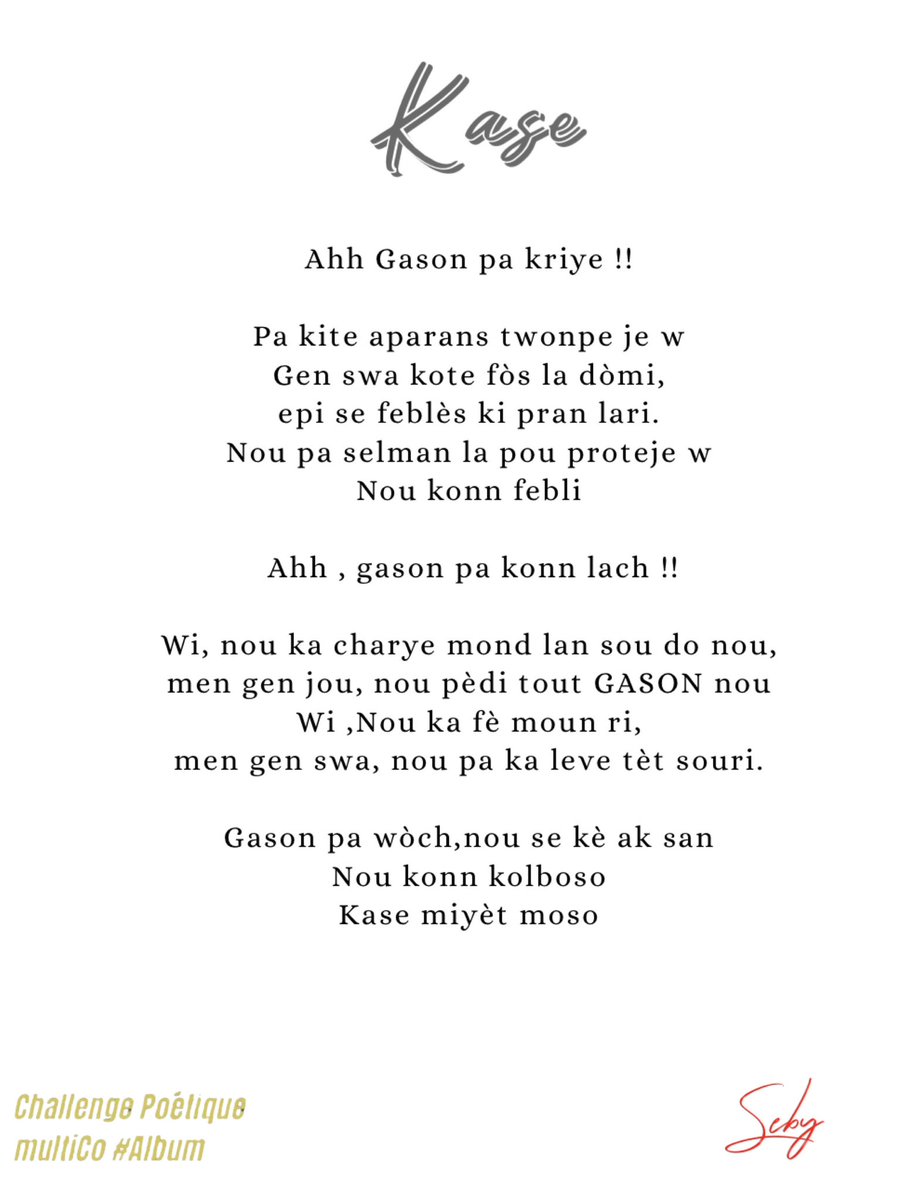 IX- KASE

#Album
<a href="/mcollinx17/">mCo.</a> 

Depi lavi akouche n , nou jwenn lonè ak 2 tap sou dèyè 
Konstwi n tankou pote fè 
Chak liy lavi nou se batay ak lanfè 

Nou aprann kache dlo nan je,
ranplase doulè ak silans
poutan, anba po nou soufoke.

youtu.be/AsKZ5xtx-G0?si…
<a href="/Ekritize05/">𝑬𝒌𝒓𝒊𝒕𝒊𝒛è ♓︎ «</a>