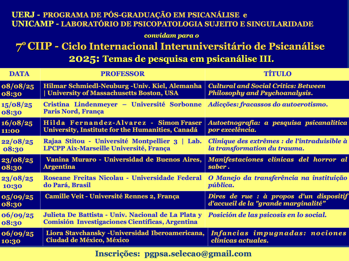 serfeerico's tweet photo. 7th International Interuniversity Cycle of Psychoanalysis (CIIP 2025) I will speaking on Saturday, August 16, 2025 8:00 (PST) Talk: “Autoetnografía: a pesquisa psicanalítica por excelência.” 

Please contact the program’s secretary at : pgpsa.selecao@gmail.com for link ! https://t.co/qPLPj1KpTf