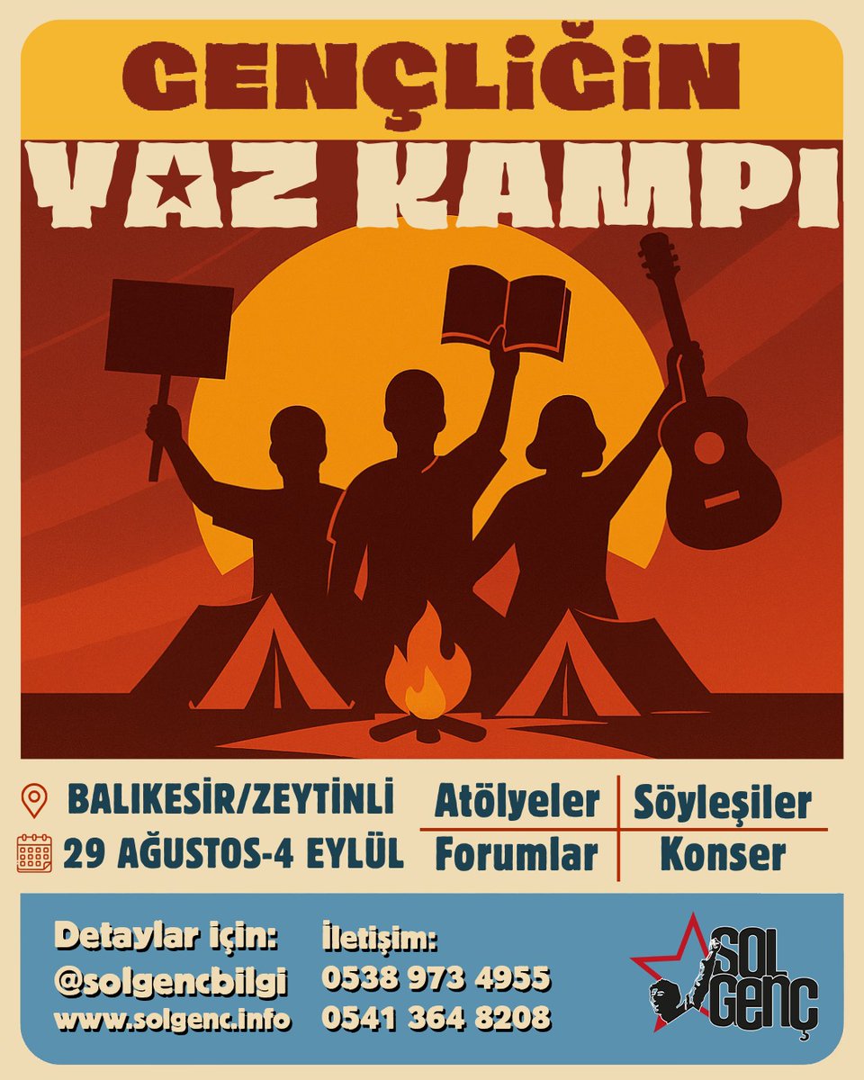 ⭐️Gençliğin Yaz Kampı'na geri  sayım başladı! 

Atölyeler, forumlar, söyleşiler, konser ve daha fazlasıyla bir aradayız.

📍 29 Ağustos - 4 Eylül tarihlerinde, Zeytinli'de, #GençliğinYazKampı'nda buluşuyoruz!