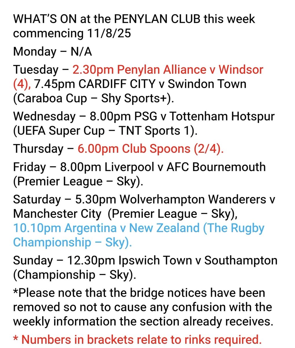 What's on at the Penylan Club w/c 11/8/25.