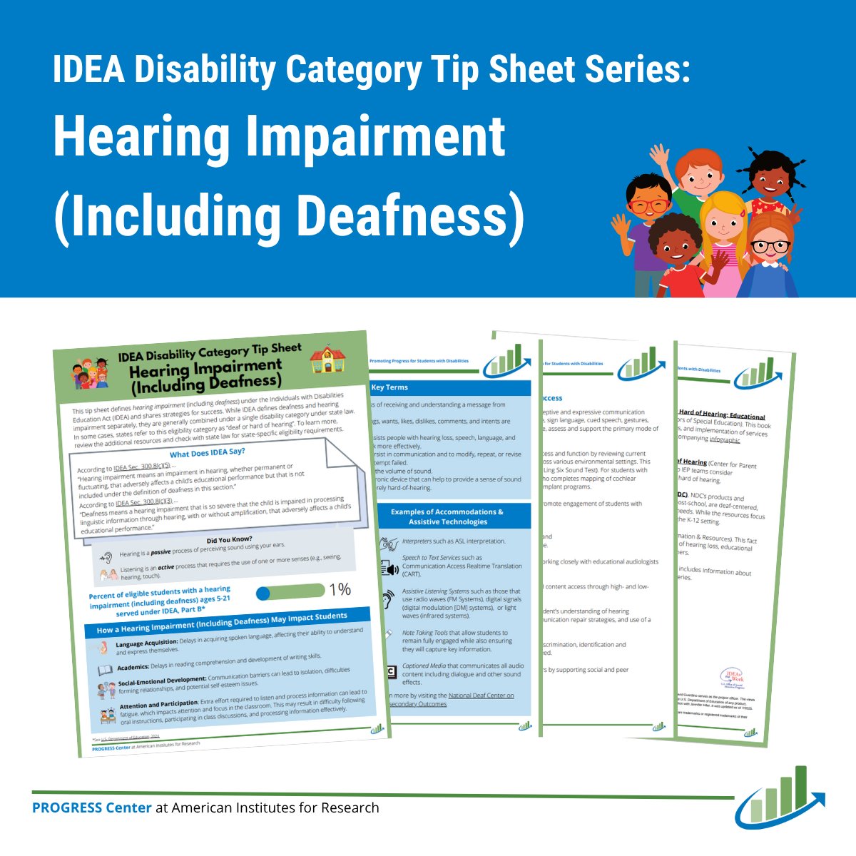 The Hearing Impairment (Including Deafness) IDEA Disability Category Tip Sheet has gotten a refresh. Learn what the Individuals with Disabilities Education Act (#IDEA) says about hearing impairments and deafness, key terms, and strategies for success: promotingprogress.org/resources/tip-…