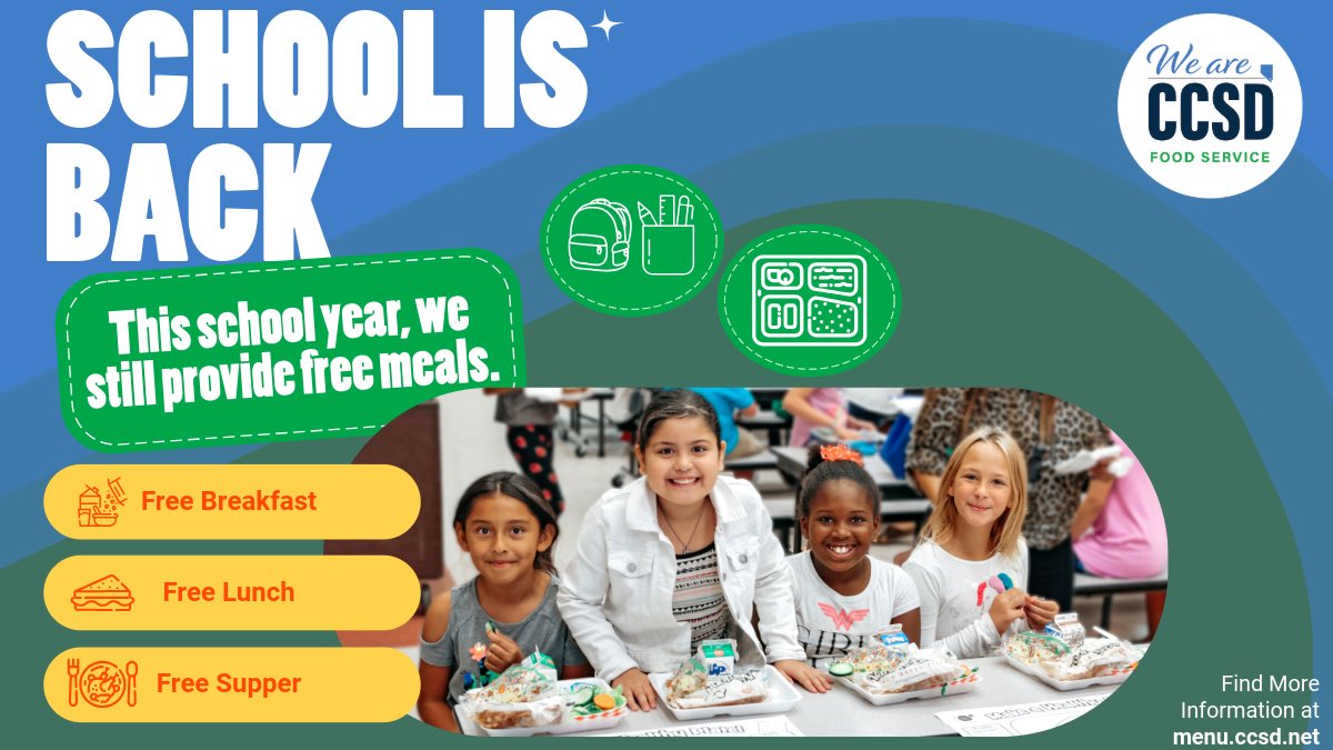 Wishing all CCSD students, families &amp; staff a fantastic start to the 2025–26 school year! 💛
ALL school meals will be FREE for every <a href="/ClarkCountySch/">CCSD</a> student, thanks to the USDA’s Community Eligibility Provision! 🍎🥪🥛
📅 Check menus: ✅ menu.ccsd.net
#CCSDFoodService