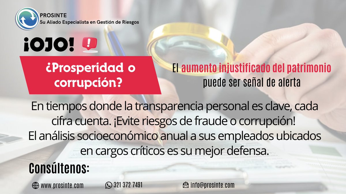 ProsinteS's tweet photo. El análisis socioeconómico periódico es crucial para los cargos críticos en una empresa ya que, ayuda a identificar los cambios súbitos en la capacidad económica del empleado, permitiendo mitigar posibles riesgos de fraude, corrupción o soborno. https://t.co/gtc2GBp80F