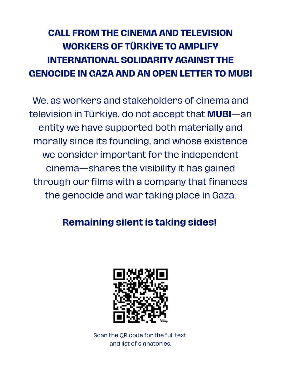 sinematvsen's tweet photo. MUBI'ye açık mektup:

Filistin İçin Sinema Emekçileri'ne (Film Workers For Palestine) Türkiye'den destek için hazırlanan imza kampanyasına Sinema TV Sendikası olarak imzacı olduk. https://t.co/1fcwOFAFRT