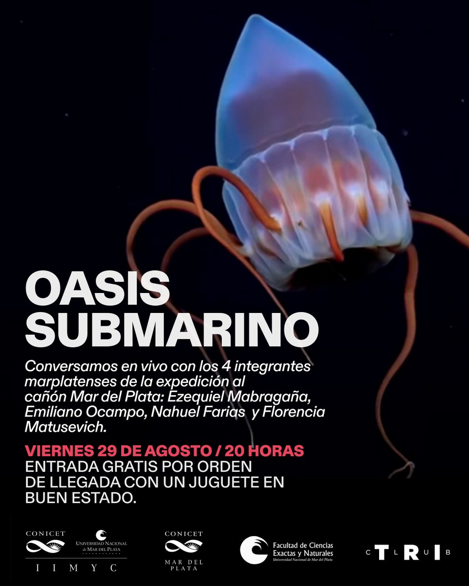 🪼¿Nos encontramos el 29 de agosto para conversar con Ezequiel Mabragaña, Emiliano Ocampo, Nahuel Farías y Florencia Matusevich?

🦑A las 20 hs, entrada GRATIS, x un juguete en buen estado. Capacidad limitada

📌Club TRI XX de Septiembre 2650 • MDP
<a href="/IIMyCAr/">IIMyC-UNMdP-CONICET</a> <a href="/fceyn_unmdp/">FCEyN - UNMdP</a>