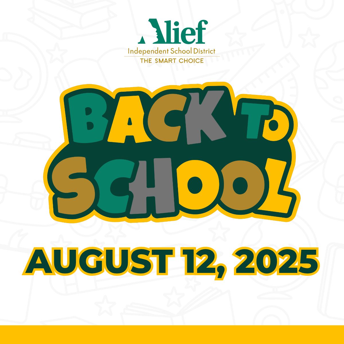 AliefISD's tweet photo. Tomorrow’s the big day — the first day of school! We can’t wait to welcome our students back for another year of learning, growth, and success. Share your smiles, excitement, and special moments with us using #AllInAlief so we can celebrate together! https://t.co/EL0w2WDz5C