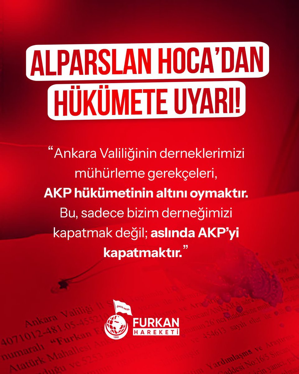 Alparslan Hoca’dan hükumete uyarı⤵️

“Ankara Valiliğinin derneklerimizi mühürleme gerekçeleri, AKP Hükümetinin altına oymaktır.
Bu, sadece bizim derneğimizi kapatmak değil; aslında AKP’yi kapatmaktır.”

#DiniSohbetSuçDeğildir
Derneklerimizi Açın