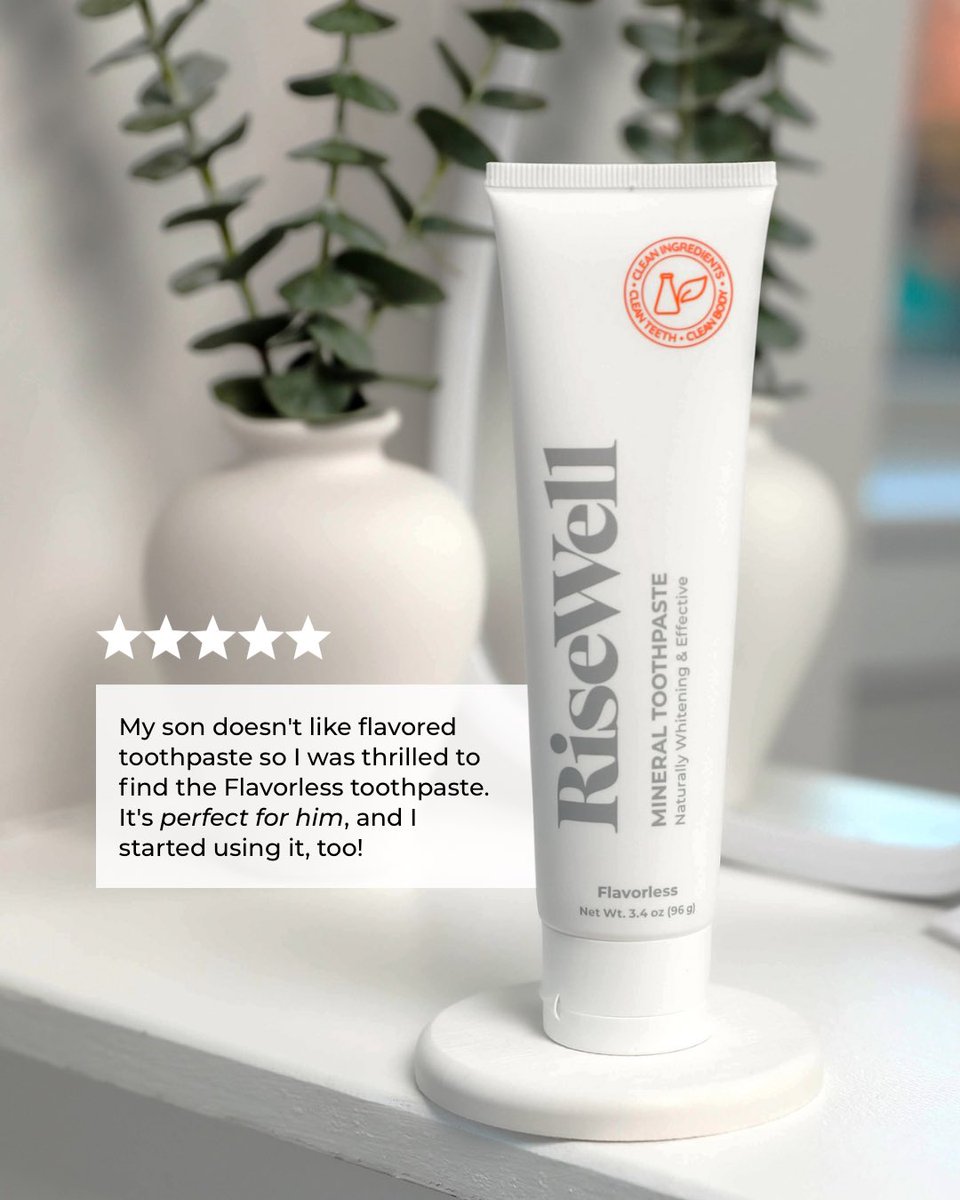 RiseWellCo's tweet photo. The reviews are in! ⭐ RiseWell’s Flavorless Mineral Toothpaste is powered by hydroxyapatite to naturally remineralize enamel. No added flavors, no added fluoride, just clean, simple care for the whole family. https://t.co/QCljEtZW30