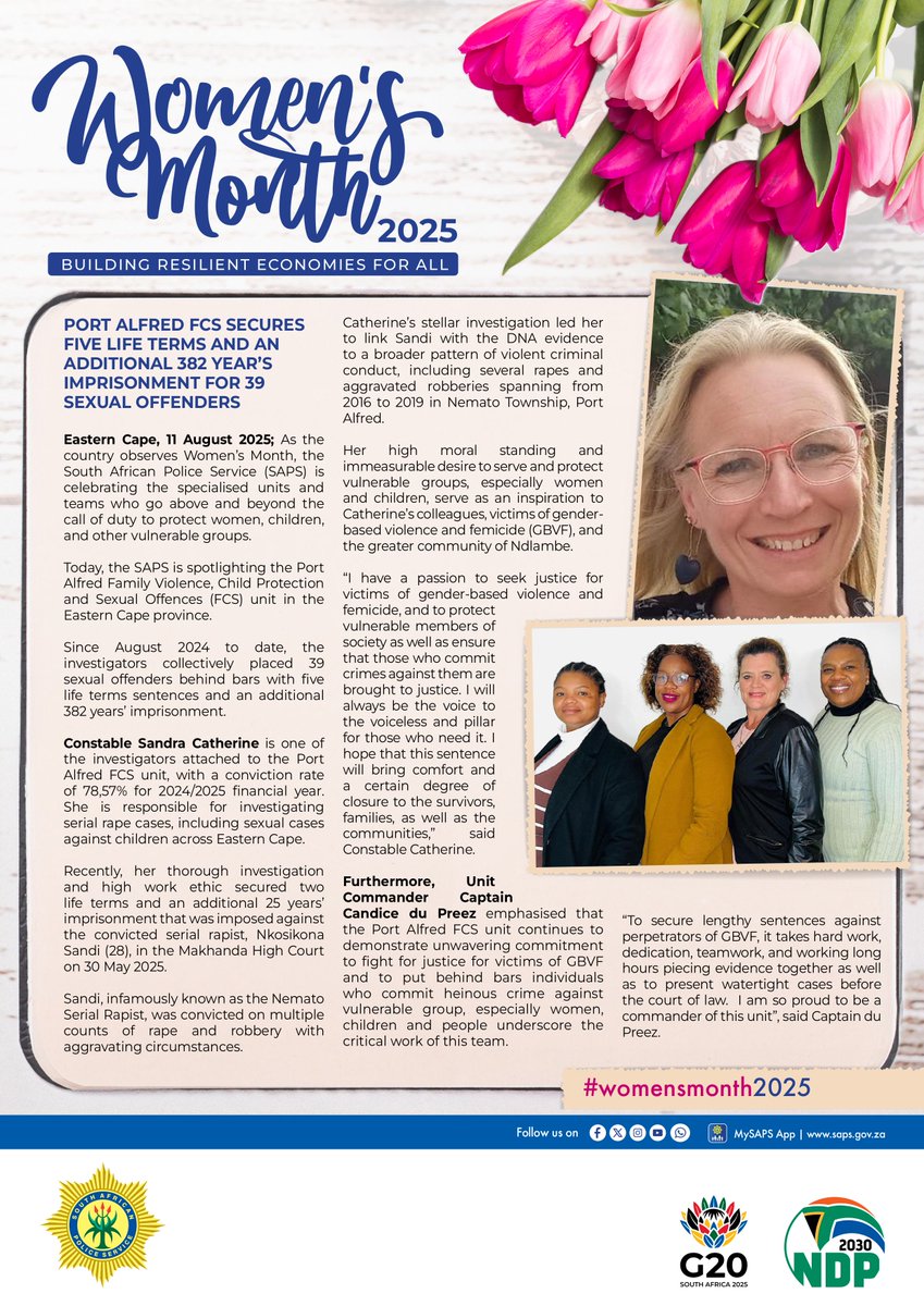 #sapsEC [WOMEN’S MONTH: MEET OUR MEMBERS] #SAPS in the Eastern Cape is today shining the spotlight on the Port Alfred Family Violence, Child Protection and Sexual Offences (FCS) unit in the Eastern Cape province.

Since August 2024 to date, the investigators collectively placed