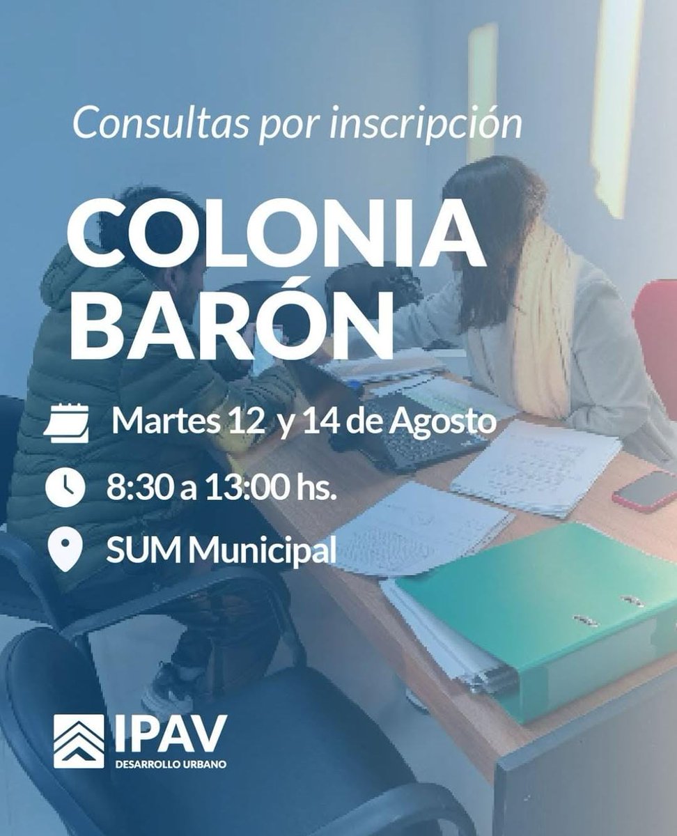 Instituto Provincial de Vivienda (@ipavlapampa) on Twitter photo 📍Consultas por inscripción en Colonia Barón:
➡️Los días martes 12 y jueves 14 de agosto, estaremos recepcionando dudas y consultas sobre inscripciones.
#IPAVLaPampa
<a href="/GobiernoLaPampa/">Gobierno de La Pampa</a> 📍Consultas por inscripción en Colonia Barón:
➡️Los días martes 12 y jueves 14 de agosto, estaremos recepcionando dudas y consultas sobre inscripciones.
#IPAVLaPampa
<a href="/GobiernoLaPampa/">Gobierno de La Pampa</a>