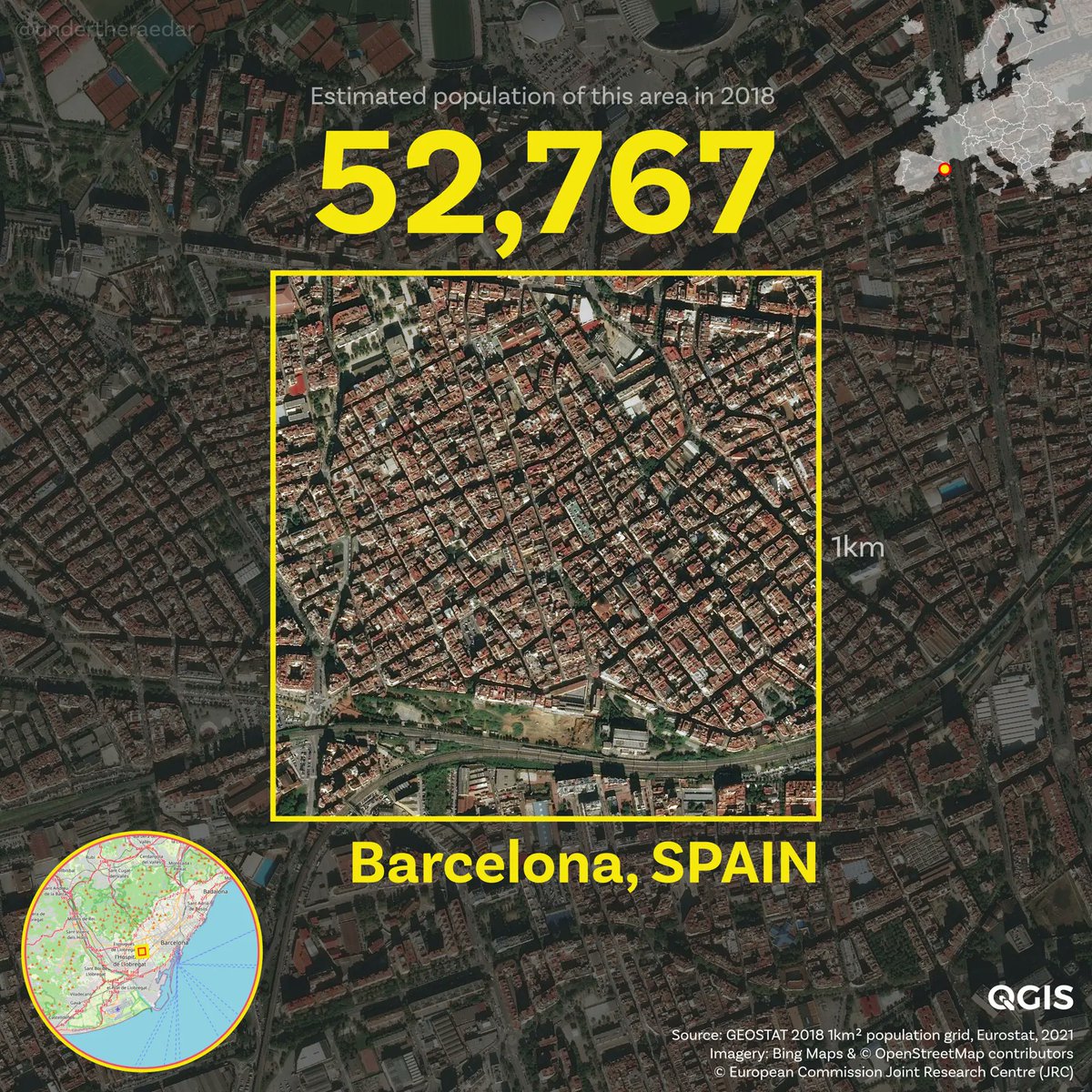 El km² más denso de toda Europa está en L'Hospitalet (Barcelona).

En este cuadradito viven 53.000 personas. Para hacerse una idea: es como meter a toda la ciudad de Segovia en 1 km².