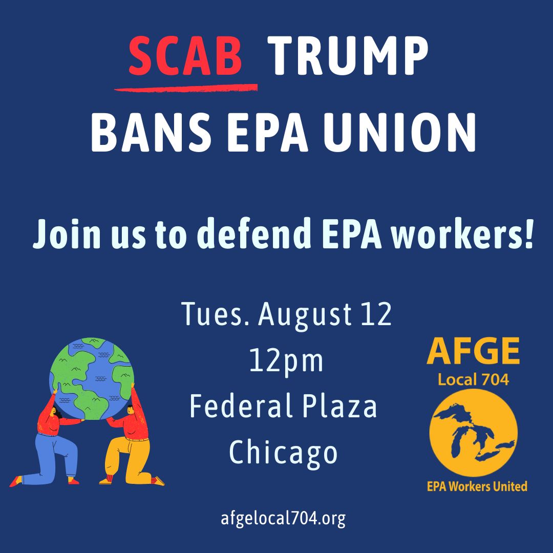 Chicago Federation of Labor (@chicagolabor) on Twitter photo 🚨🚨🚨 RALLY ALERT🚨🚨🚨
Join us tomorrow at noon at Federal Plaza to support <a href="/704afge/">AFGE Local 704</a> members fighting back after Trump's authoritarian move to cancel the contract of thousands of EPA workers.
This administration is escalating its union-busting. Now is the time to get loud! 🚨🚨🚨 RALLY ALERT🚨🚨🚨
Join us tomorrow at noon at Federal Plaza to support <a href="/704afge/">AFGE Local 704</a> members fighting back after Trump's authoritarian move to cancel the contract of thousands of EPA workers.
This administration is escalating its union-busting. Now is the time to get loud!