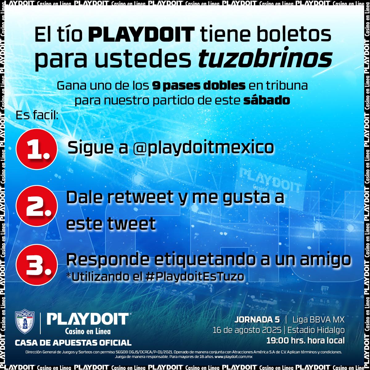 Club Pachuca (@tuzos) on Twitter photo 🍀 | ¡La suerte está con los Tuzos!
🎟️ Gana 1 de los 9 pases dobles en tribuna que el Tío <a href="/playdoitmexico/">Playdoit México</a> trae para ti y acompáñanos en nuestro partido de este sábado . 🏟️ 
Checa bien los pasos.
Tienes hasta el jueves a las 12:00 hrs para participar 
#PlaydoitEsTuzo | 🍀 | ¡La suerte está con los Tuzos!
🎟️ Gana 1 de los 9 pases dobles en tribuna que el Tío <a href="/playdoitmexico/">Playdoit México</a> trae para ti y acompáñanos en nuestro partido de este sábado . 🏟️ 
Checa bien los pasos.
Tienes hasta el jueves a las 12:00 hrs para participar 
#PlaydoitEsTuzo |