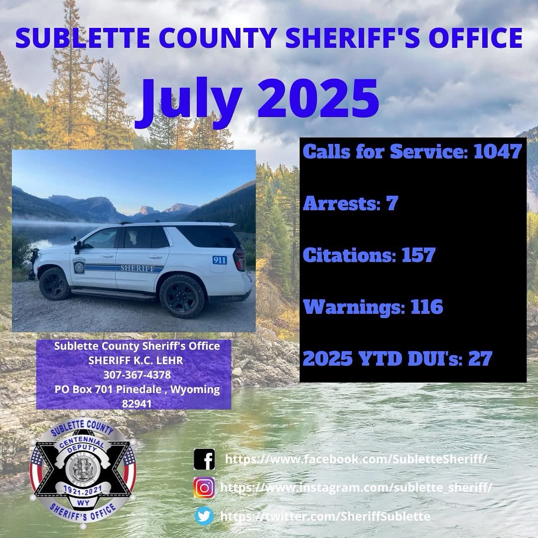 SheriffSublette's tweet photo. Busy July at the SCSO! 

#SCSOStats #SCSO https://t.co/8eRUyJEWhO