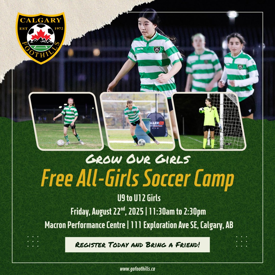 FoothillsSoccer's tweet photo. U9–U12 girls, join us Aug 22 for a FREE All-Girls Soccer Camp at Macron Performance Centre! ⚽

Fun games, skill training, snacks, giveaways &amp; all-female coaches. Bring a friend &amp; play!

🔗 https://t.co/IQ65IY5MhH

#FoothillsProud #GirlsInSoccer #YYCSoccer #YouthSoccerYYC https://t.co/g7JofG8snG