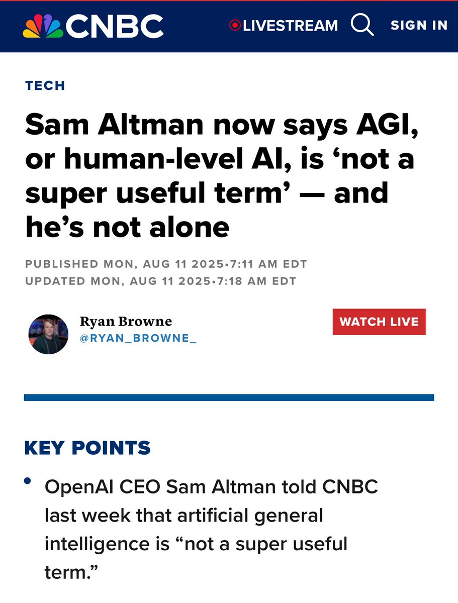 Sam Altman now says AGI, or human-level AI, is ‘not a super useful term’

That was quick.