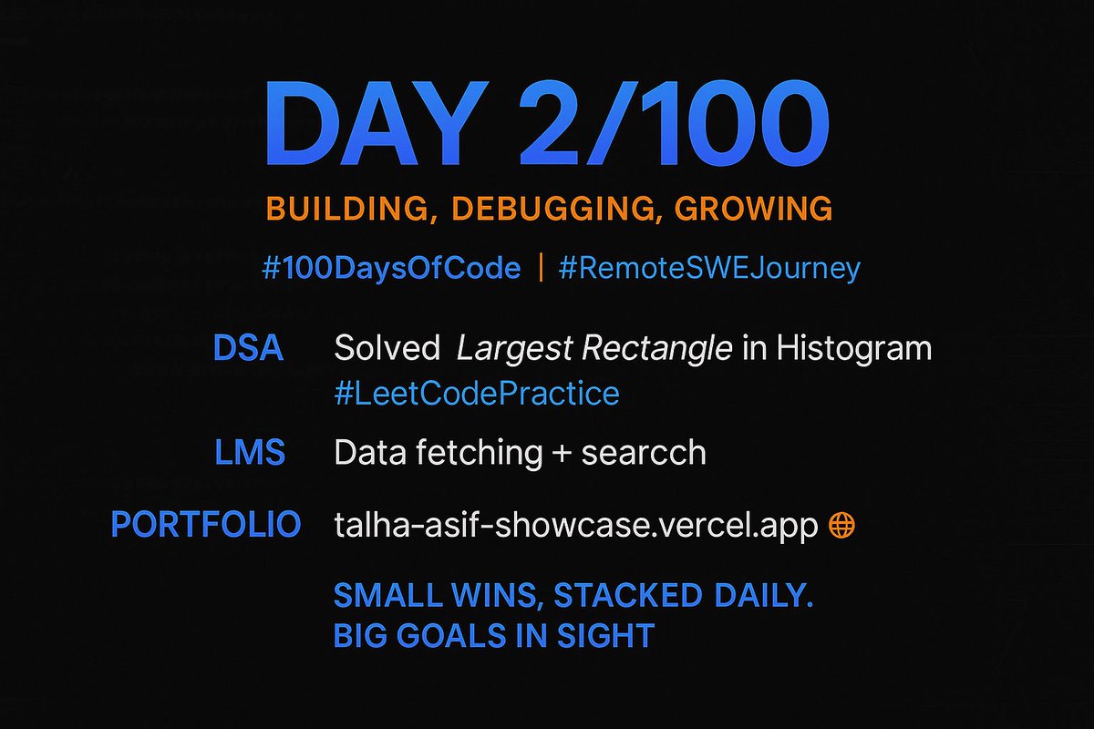 TalhaAsif25's tweet image. 💡 Day 2/100 — Building, Debugging, Growing
#100DaysOfCode | #RemoteSWEJourney

🔹 DSA → Solved Largest Rectangle in Histogram (#LeetCodePractice)
🔹 LMS → Data fetching + search ✅ (#FullStackDeveloper)
🔹 Portfolio → talha-asif-showcase.vercel.app 🌐

Small wins, stacked daily.#SWE