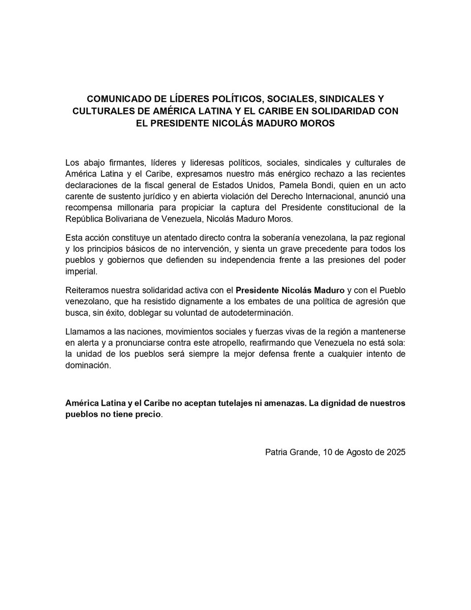 teleSURtv's tweet photo. #COMUNICADO | Líderes políticos, sociales, sindicales y culturales de América Latina y el Caribe en solidaridad con el presidente Nicolás Maduro Moros 🇻🇪✊🏻 https://t.co/qXMrMalPZb