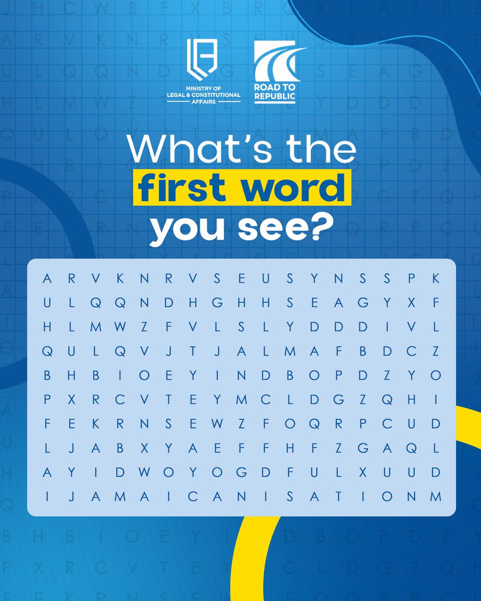 Let’s kickstart the week with a challenge! 

💡 Hint: We’re looking for that one word that unites us with our Constitution. 🇯🇲

🔍 What’s the word? Drop it in the comments!

#RoadToRepublic #Jamaicanization #OnePeopleOneRepublicOneJamaica #MondayMotivation #WordSearchChallenge