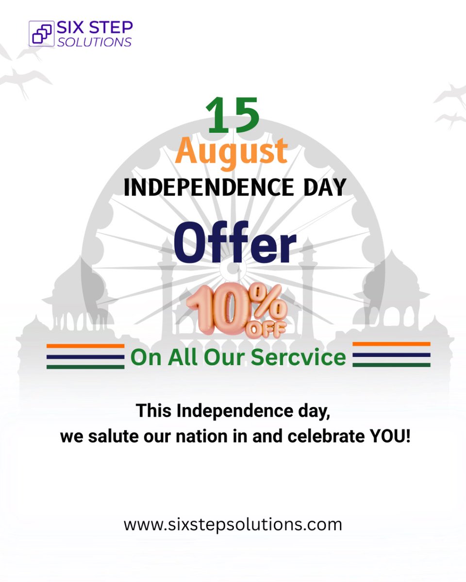 SStepsolutions's tweet image. Celebrate Freedom with Savings! 🎉 Enjoy 10% OFF on all our services till 15th Aug. Hurry! Visit sixstepsolutions.com
#independenceday #independenceday🇮🇳 #sixstepsolutions #freedomsale #digitalgrowth #businessboost