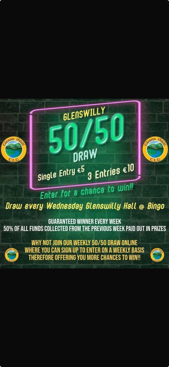 💥50/50 Jackpot 13/8/25 €1300 minimum!💥

After the fantastic turnout for Saturday evening’s championship opener against Naomh Conaill, this week’s 50/50 jackpot is guaranteed to be at least €1300🤩

Get your tickets:
Available every week through the club app, or in:
 •