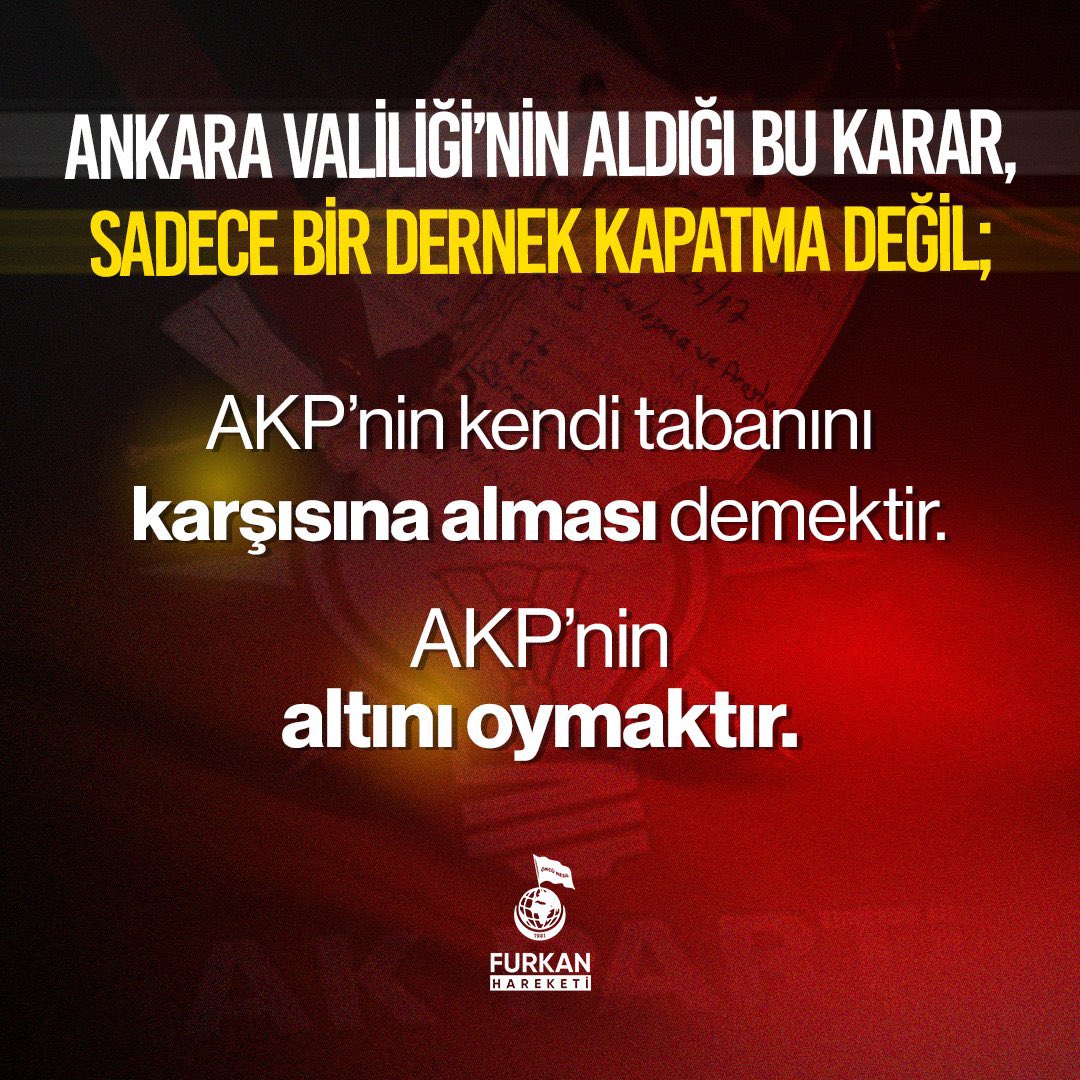 Ankara Valiliği'nin aldığı bu karar sadece bir dernek kapatma değil;  AKP'nin kendi tabanını karşısına alması demektir. AKP'nin altını oymaktır! 

#DiniSohbetSuçDeğildir
Derneklerimizi Açın