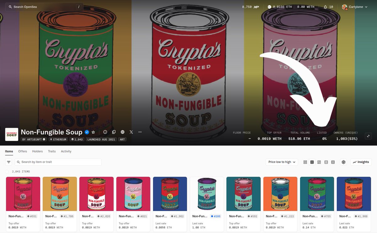 Almost 4 years since Non-Fungible Soup (Aug 2021). My first and historic freebie, w/ 2M+ volume it kicked off <a href="/Art101NFT/">Art101.io</a>. 2.5yrs after: promises kept, 10 free mints, and 700+ ETH secondary. As of today, zero listed. Unprecedented. If historic NFTs become meta, Soups are first up.