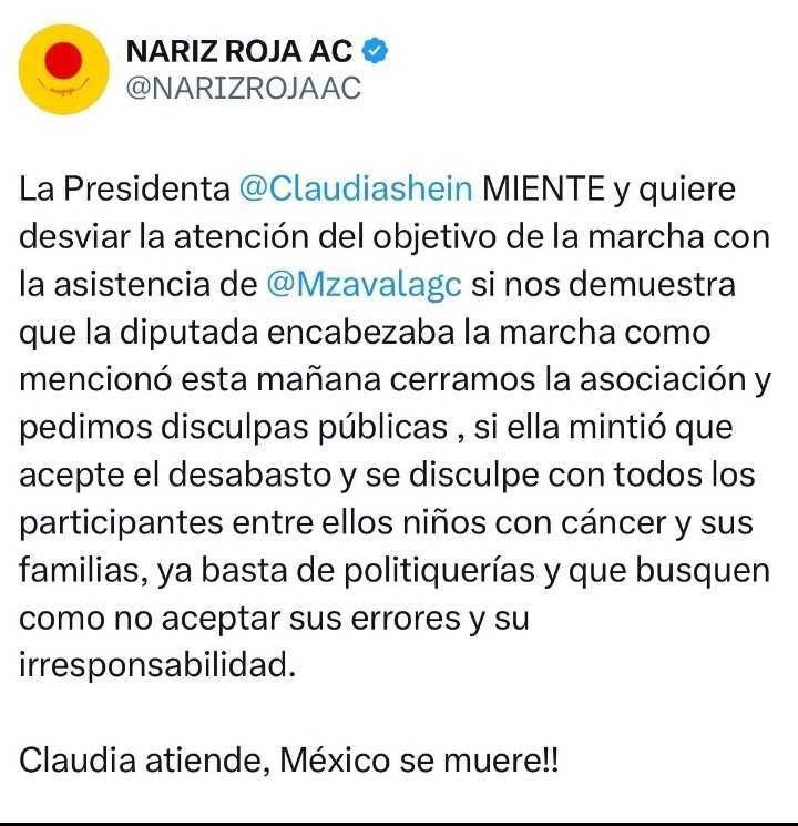 AztecaNoticias's tweet image. 🎗️ Nariz Roja responde a la Pdta. Claudia Sheinbaum:

“Miente y quiere desviar la atención de la marcha nacional #QueremosMedicinas. Si demuestra que Margarita Zavala encabezó la protesta, cerramos la asociación y pedimos disculpas. Si no, que acepte el desabasto y se disculpe…