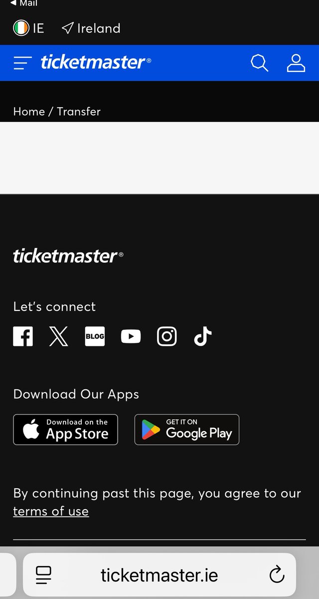 eemsocon's tweet photo. @TMIrelandHelp Hi there, when I attempt to accept tickets that were transferred to me I keep getting a Something went wrong pop up and disappear leaving this blank screen and am unable to compete the transfer. Please advise https://t.co/BoB0Jq8vv0