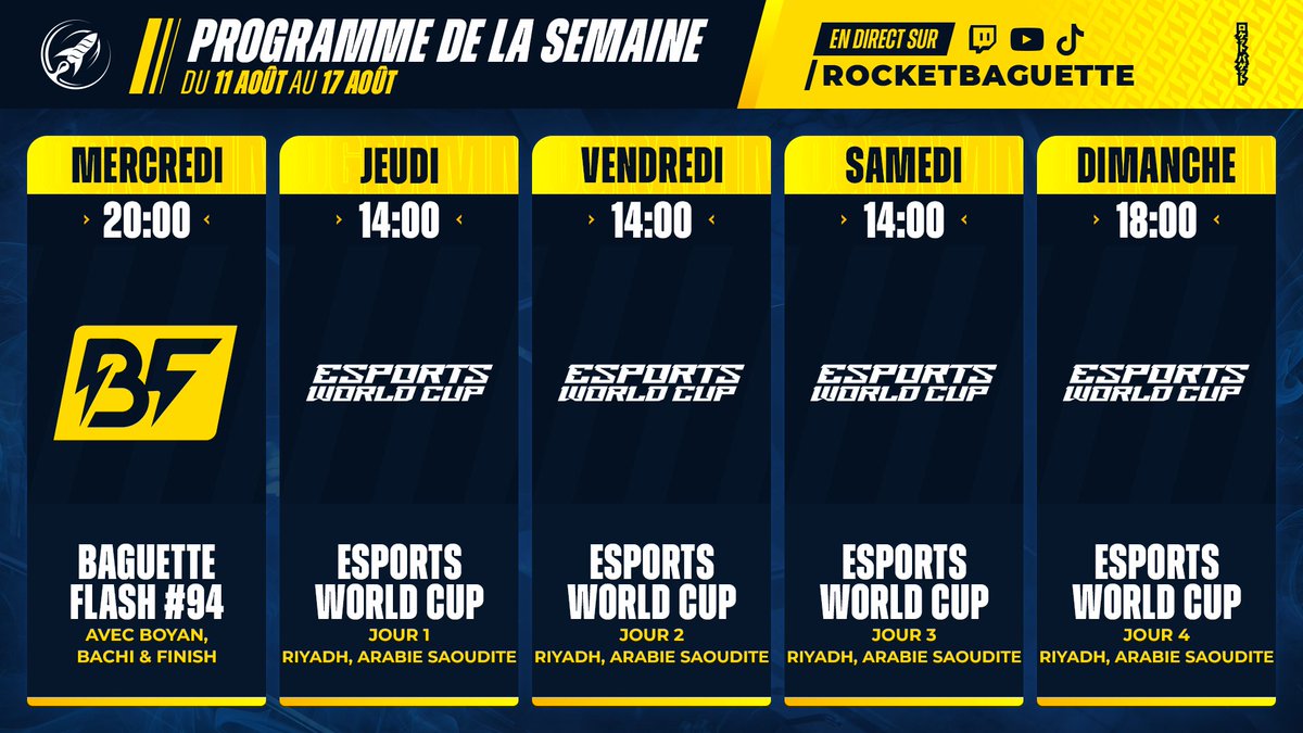 RocketBaguette's tweet photo. 🗓️ PROGRAMME DE LA SEMAINE - du 11.08 au 17.08

Retrouve les meilleures compétitions Rocket League & #RLCS sur https://t.co/3OGTAmz4uT !