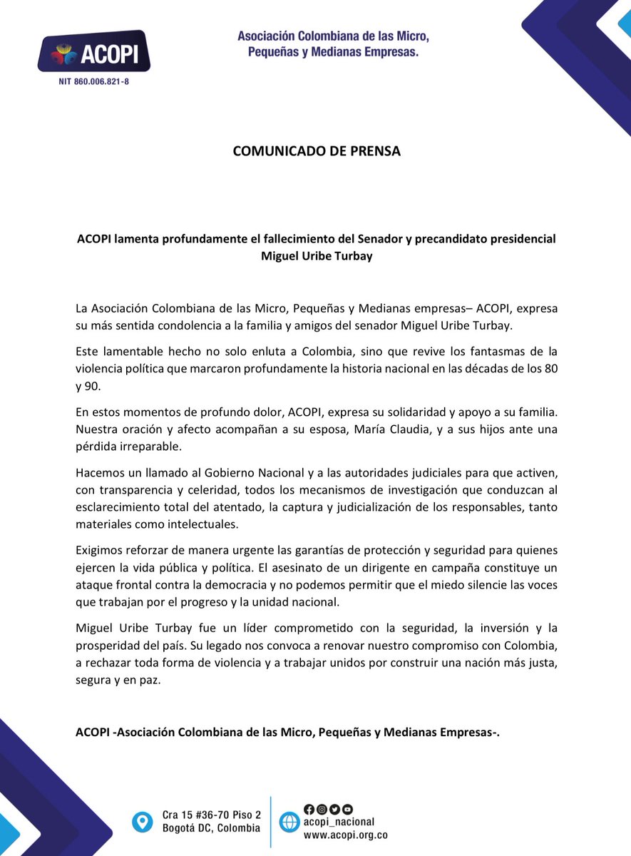 Acopi Bogotá Cundinamarca (@acopibtacund) on Twitter photo ACOPI lamenta profundamente el fallecimiento del senador y precandidato presidencial Miguel Uribe Turbay ACOPI lamenta profundamente el fallecimiento del senador y precandidato presidencial Miguel Uribe Turbay