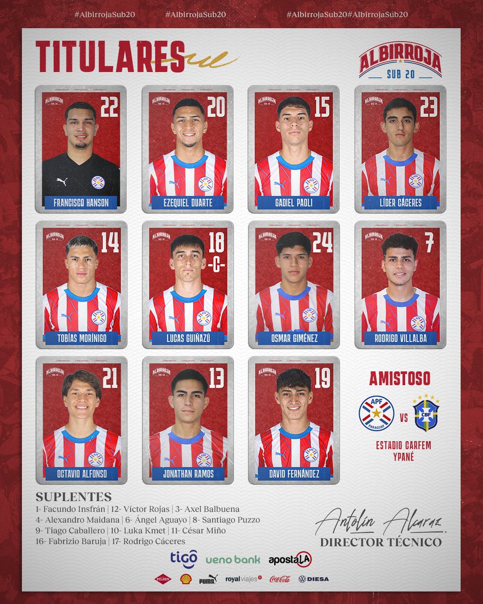 Onceno definido ✅ 

👉 Equipo titular de la #AlbirrojaSub20 ⚪🔴 para el encuentro de esta tarde 

🆚 🇧🇷 
⚽ Amistoso de preparación - Partido 2 
🏟️ CARFEM 
🕓 16:00 h 

#VamosParaguay 🇵🇾