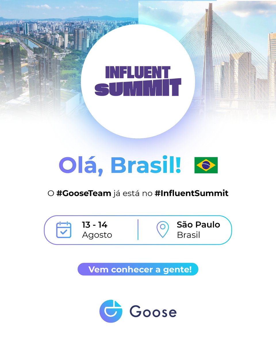 Olá, Brasil! 🇧🇷
O #GooseTeam já está no #InfluentSummit, onde criadores, marcas e tecnologia se conectam para impulsionar a economia digital.
📍 São Paulo
📅 13 e 14 de agosto
🚀 Descubra como a Goose pode levar seu conteúdo ainda mais longe — sem barreiras.