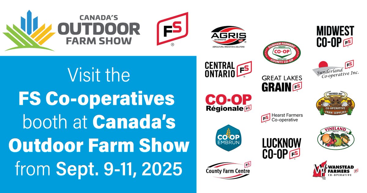 In just one month, we will be together at Canada's Outdoor Farm Show! Come visit the agronomy, energy and grain team. Get your Great Lakes Grain Crop Assessment Tour Results. Ask us your pressing ag questions. Or let's talk careers! #FSproud #FSCooperatives #FSSystem 🌱🎪🌞