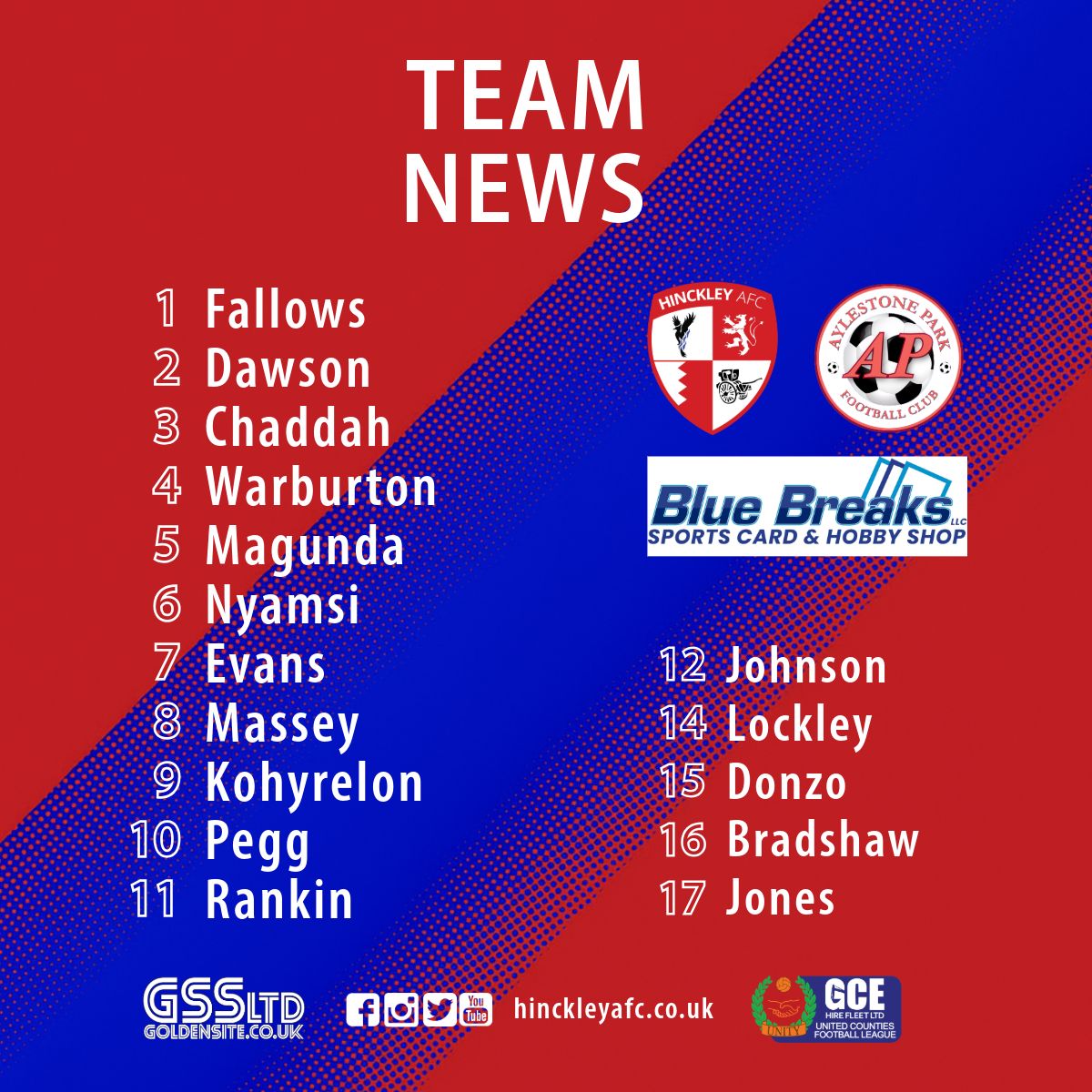 TEAM NEWS | Joe Conneely makes two changes from Saturday's win - with Reece Massey and Lewis Rankin coming into the XI for Donzo and Brandish.

This is our side to face Aylestone Park 🔴🔵⬇️