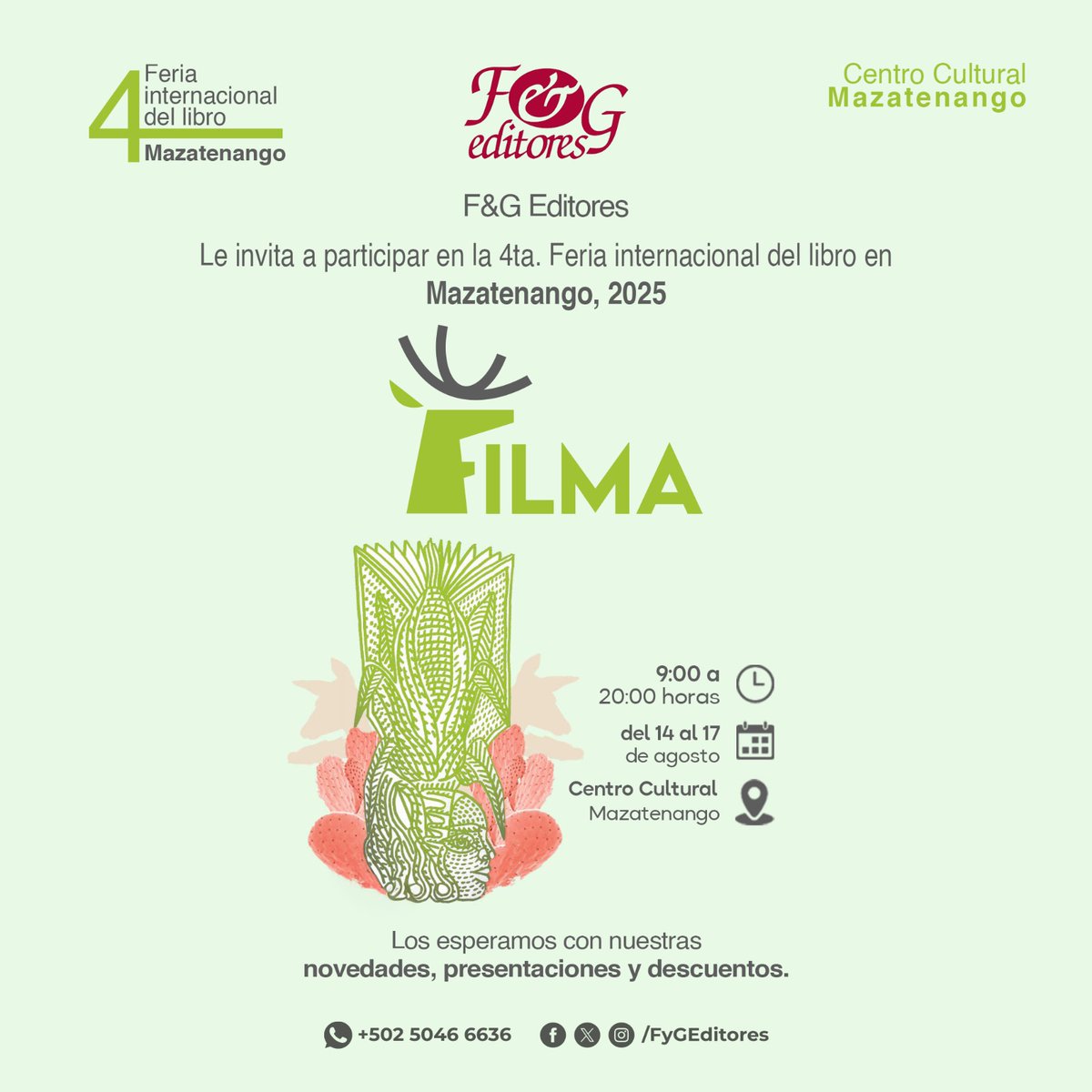 FyGEditores's tweet photo. En la 4ta Feria Internacional del Libro en Mazatango (#Filma), que se realizará del 14 al 17 de agosto en el Centro Cultural de Mazatenango, F&G Editores participará con novedades editoriales y con la presentación del los libros "Chipe"de Jeanny Chapeta el sábado 16 de agosto a las 11:00 horas en el salón Julieta Flores y "El hombre lobo. Lucha clandestina, delación y sobrevivencia" de Elizabeth Osorio Bobadilla a las 17:00 horas en el salón Rosario Castellanos. A los lectores de Mazatenango los invitamos a visitar nuestro stand para aprovechar nuestras promociones y conocer a dos escritoras de estilos diferentes, pero de lecturas fundamentales. ¡Nos vemos en Mazatenango!
