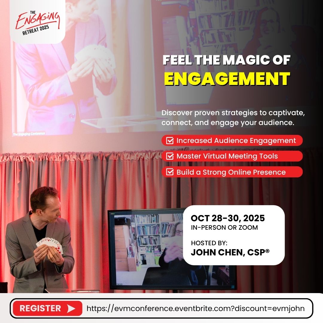 Screens don’t have to be boring. We’ll show you how to create online magic that connects.
Register today: evmconference.eventbrite.com/?discount=evmj…

#engagingvirtualmeetings #johnchen #virtualmeeting #zoom #zoommeeting #virtualevent #workfromhome #virtualevents #virtualconference